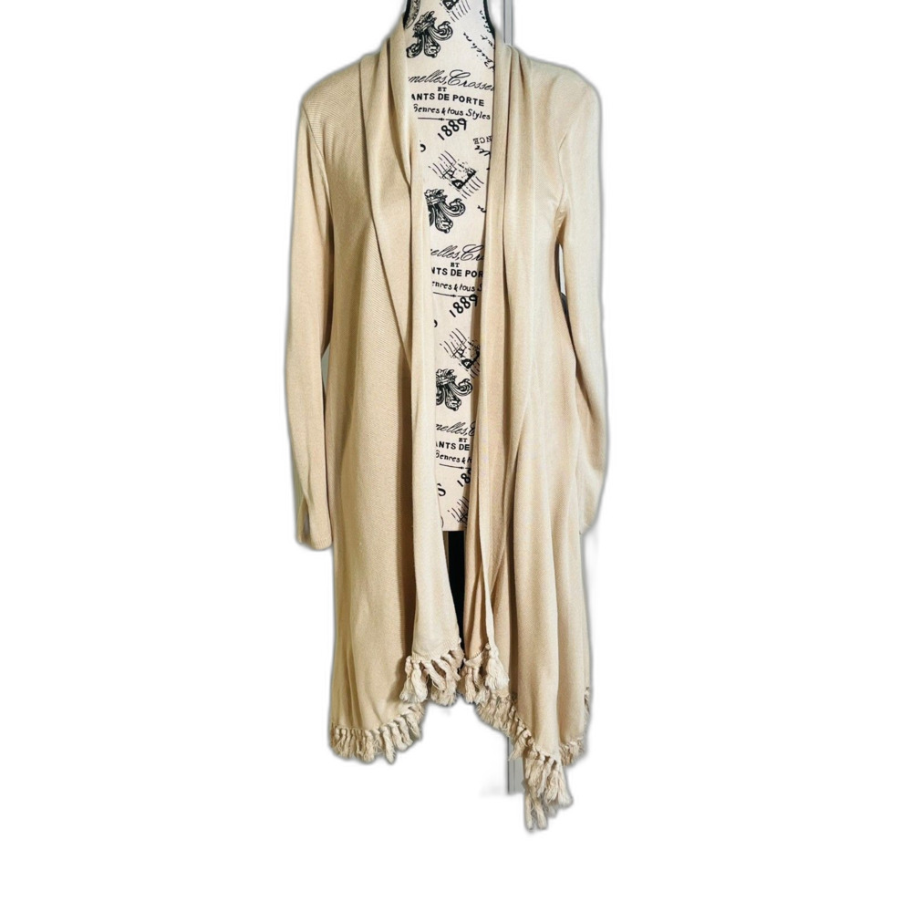 Mud Pie Tan Kimono Cardigan Fringed Women S/M Boho Cottage Shawl Wrap Duster